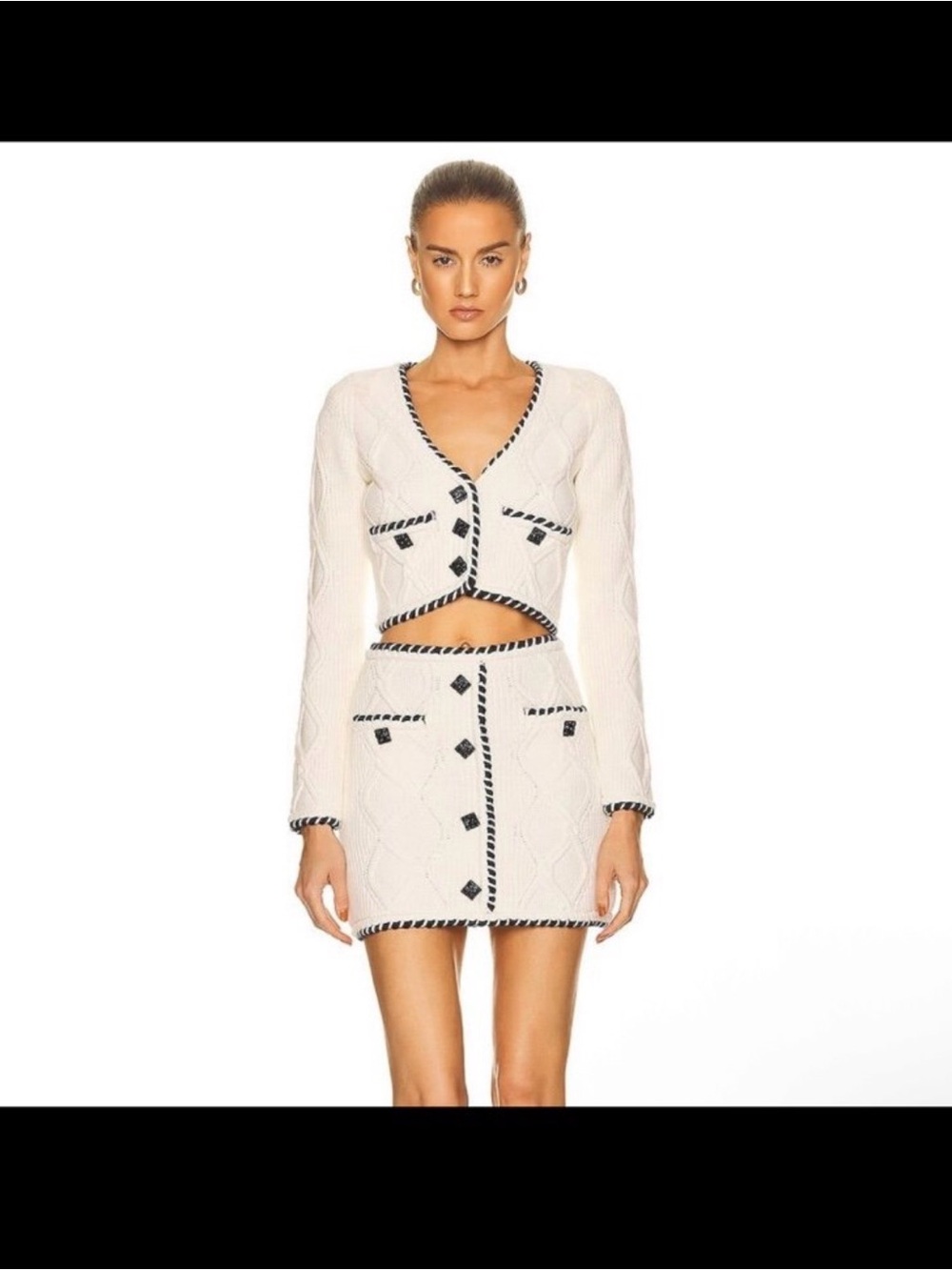 Self-Portrait Cream Knit Mini Skirt & Sweater set with Black Trim